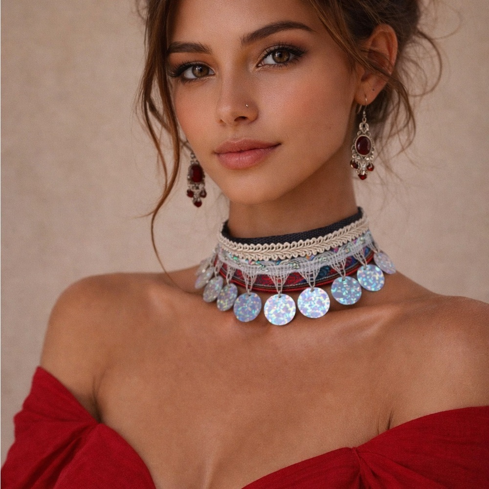 Artisan Boho Holographic Acrylic Coin Choker Necklace Collar Adjustable Signed